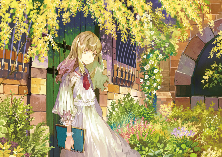 1girl ascot brick_wall brown_hair building commentary_request cowboy_shot day door dress flower holding lace-trimmed_sleeves long_hair looking_at_viewer mimosa_(flower) noki_(affabile) original puffy_sleeves red_neckwear rose sketchbook solo standing white_dress wooden_door wrist_cuffs yellow_eyes yellow_flower
