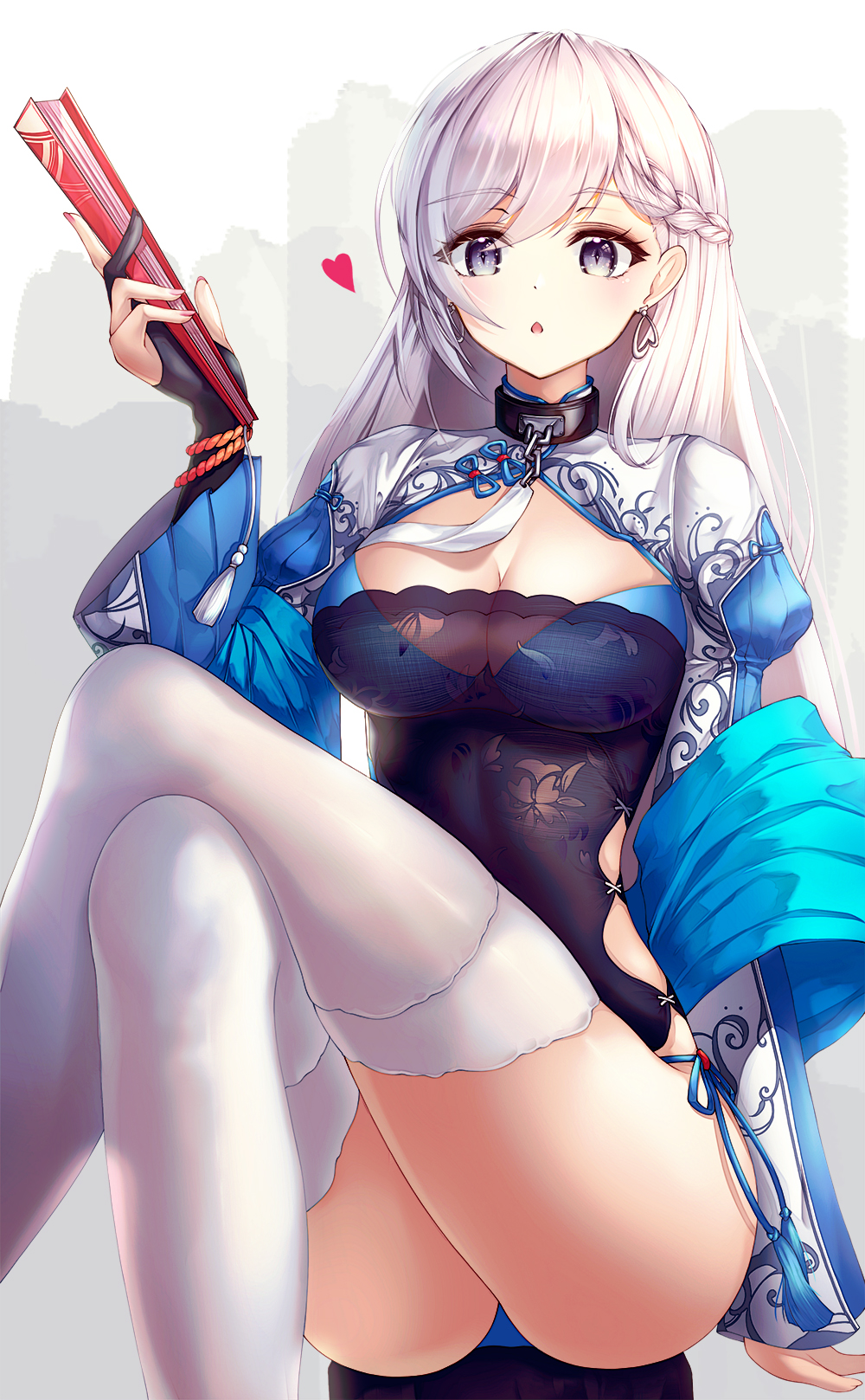 1girl :o alternate_costume arm_support azur_lane belfast_(azur_lane) belfast_(iridescent_rose)_(azur_lane) blue_eyes blue_panties blush braid breasts chains china_dress chinese_clothes cleavage cleavage_cutout collar dress earrings eyebrows_visible_through_hair fan folding_fan heart heart_earrings highres holding holding_fan jewelry large_breasts legs_crossed long_hair looking_at_viewer open_mouth panties paya_(aejx2345) shawl side-tie_panties silver_hair sitting solo thigh-highs underwear white_legwear