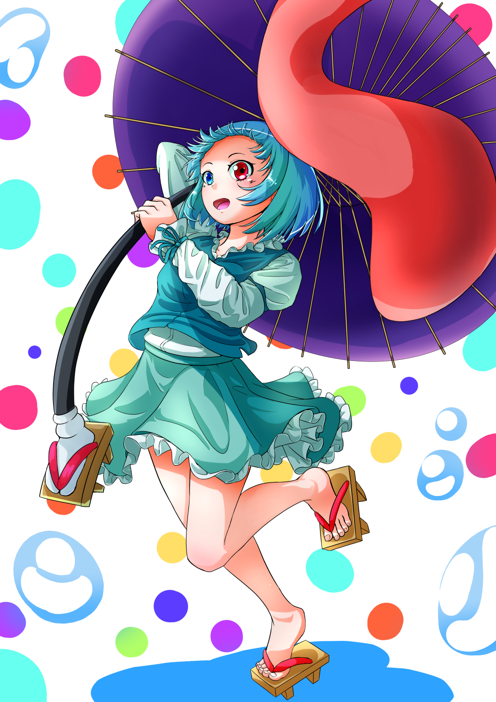 1girl abstract_background arm_behind_head blue_eyes blue_hair blue_skirt blue_vest contrapposto folded_leg forehead geta hara_(user_tvna7732) heterochromia highres holding holding_umbrella juliet_sleeves karakasa_obake long_sleeves looking_away open_mouth petticoat puffy_sleeves red_eyes shirt short_hair skirt solo standing standing_on_one_leg tatara_kogasa toenails touhou umbrella vest water_drop white_shirt