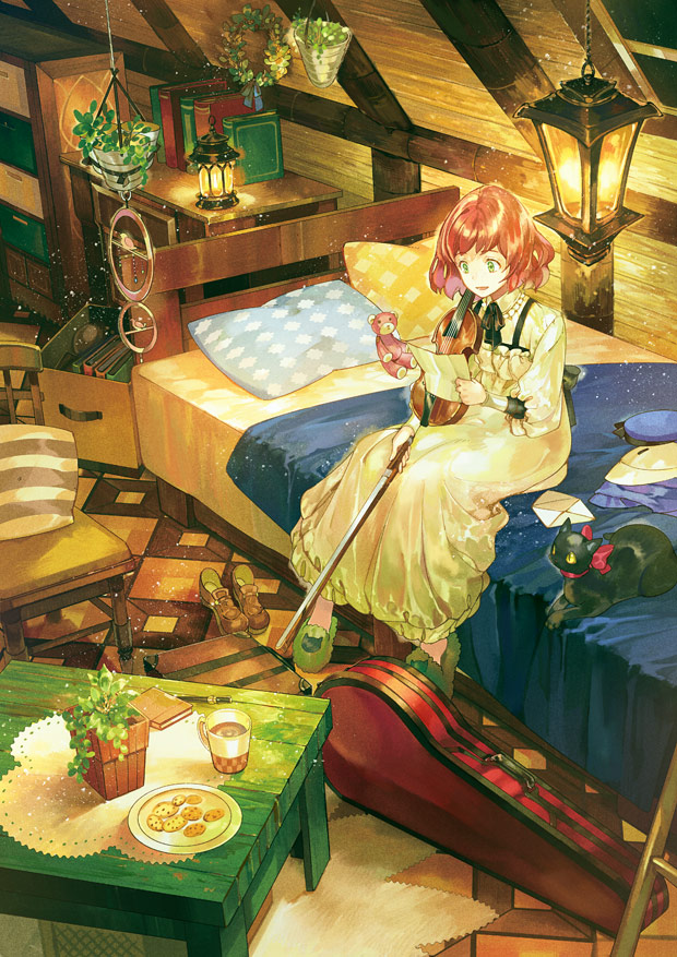 1girl animal attic bed black_cat book bow_(instrument) box cardboard_box cat chair commentary_request cookie cup desk dress envelope food green_eyes holding holding_instrument holding_letter indoors instrument lantern light_particles loafers long_sleeves looking_away mug noki_(affabile) original pillow plant plate potted_plant puffy_long_sleeves puffy_sleeves redhead room shoes shoes_removed short_hair sitting slippers solo stuffed_animal stuffed_toy suitcase table teddy_bear violin violin_case white_dress