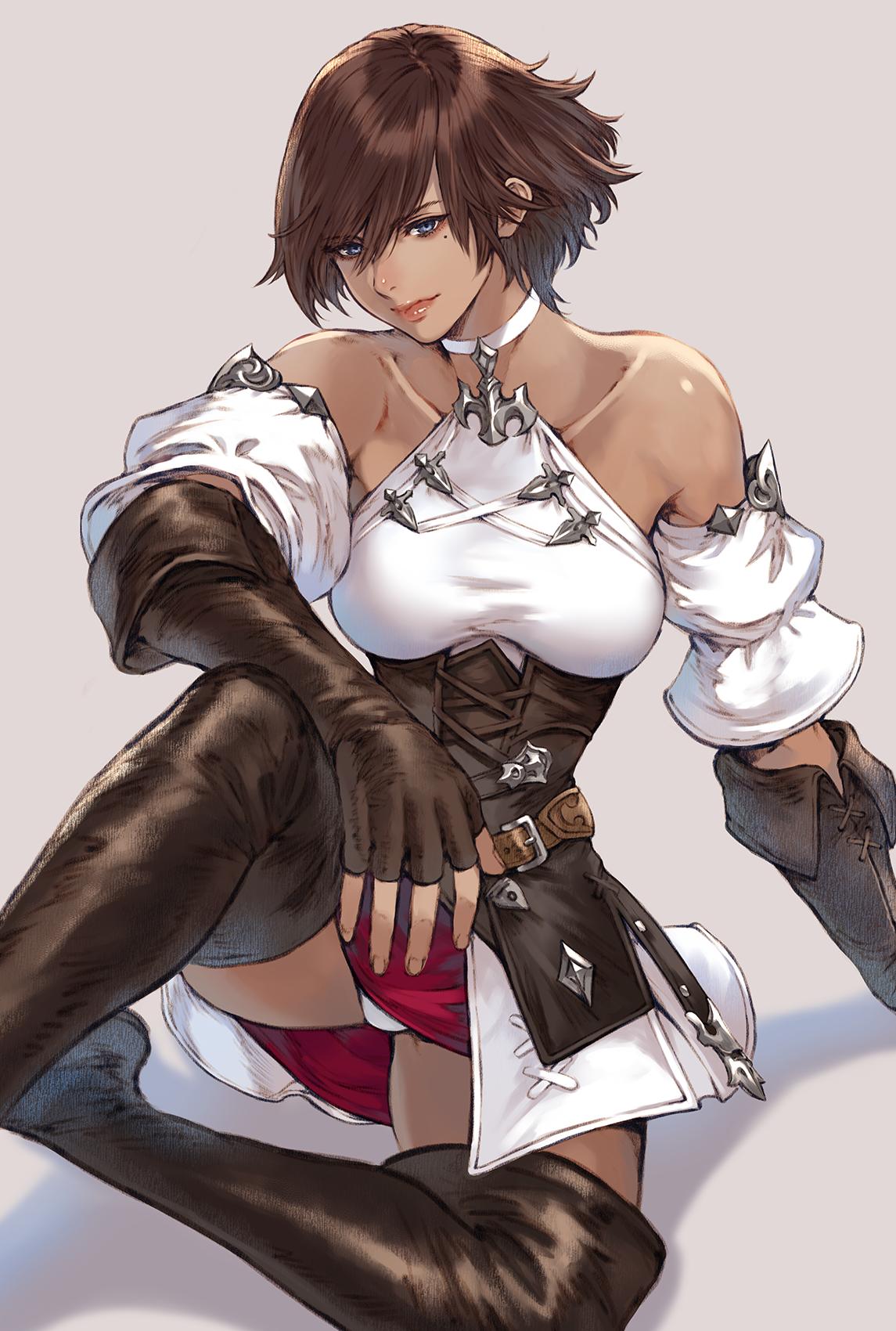 1girl arm_support bangs bare_shoulders blue_eyes boots breasts brown_footwear brown_gloves brown_hair closed_mouth collarbone commentary_request dark_skin elbow_gloves final_fantasy final_fantasy_xiv fingerless_gloves fingernails gloves halterneck highres lips makimura_shunsuke medium_breasts mole mole_under_eye panties red_skirt shadow short_hair simple_background siting skirt sleeveless solo thigh-highs thigh_boots underwear white_panties