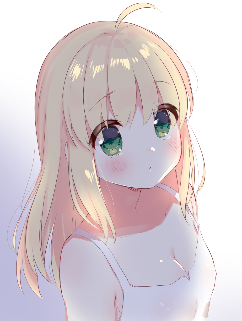 1girl ahoge aizawa85 artoria_pendragon_(all) bangs blonde_hair blush breasts camisole cleavage eyebrows_visible_through_hair fate/stay_night fate_(series) gradient gradient_background green_eyes grey_background hair_between_eyes highres long_hair looking_away parted_lips saber small_breasts solo upper_body white_background white_camisole
