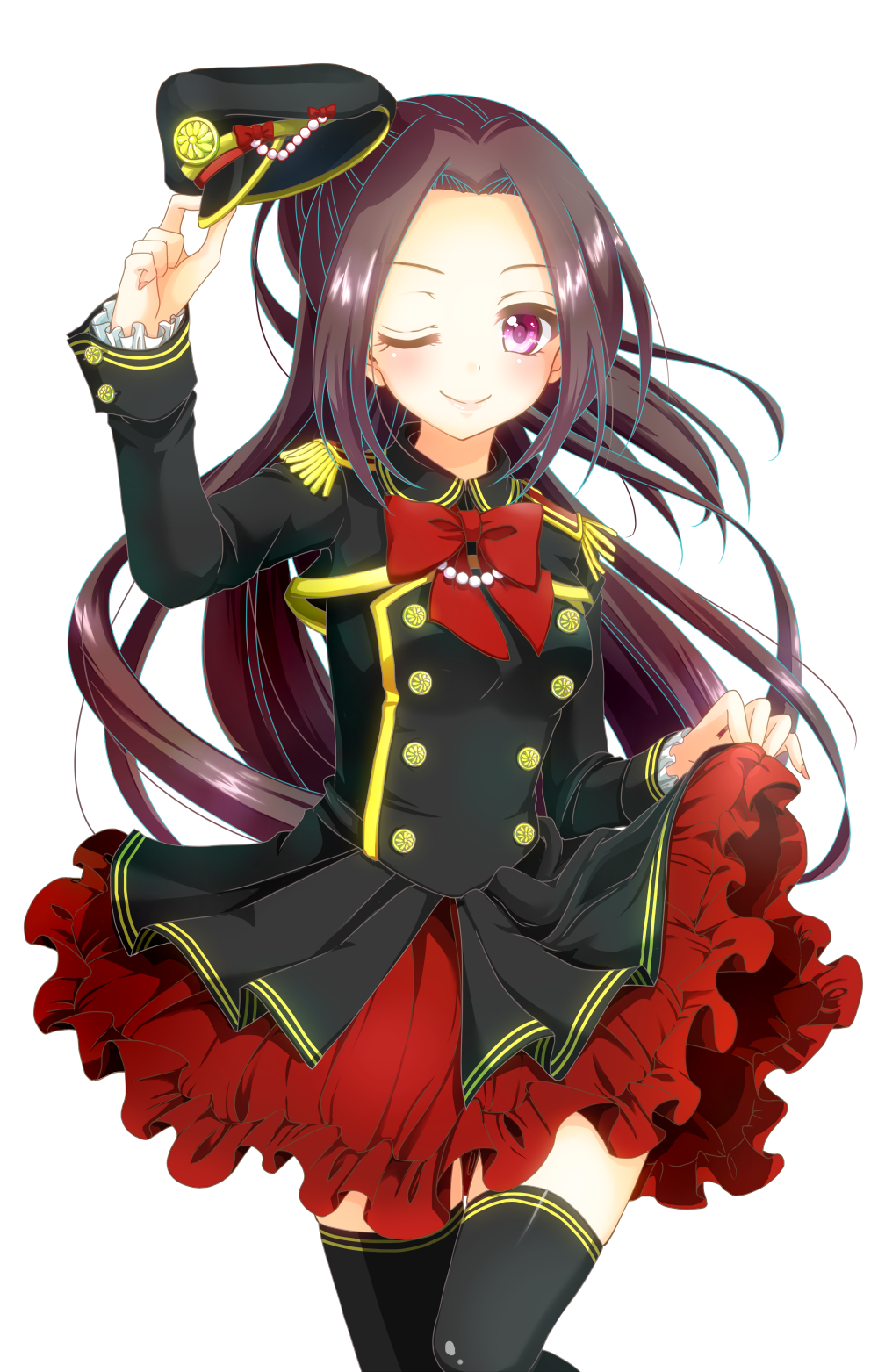 1girl ;) aoi_(kiyokiyoaomushi) black_headwear black_jacket black_legwear bow bowtie brown_hair floating_hair frilled_sleeves frills hair_intakes hat hat_removed headwear_removed highres holding holding_hat jacket long_hair long_sleeves looking_at_viewer military_hat military_jacket miniskirt one_eye_closed original peaked_cap pink_eyes red_bow red_neckwear red_skirt shiny shiny_clothes shiny_hair simple_background skirt skirt_hold smile solo standing thigh-highs very_long_hair white_background zettai_ryouiki