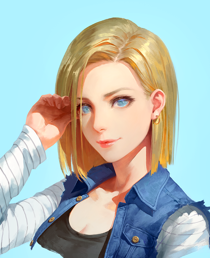 1girl android_18 aqua_background arm_at_side black_shirt blonde_hair blue_eyes breasts cleavage close-up commentary_request denim dragon_ball dragonball_z earrings fingernails hand_in_hair hoop_earrings jewelry long_sleeves medium_breasts mixed-language_commentary shirt short_hair shuichi_wada simple_background smile solo straight_hair upper_body waistcoat