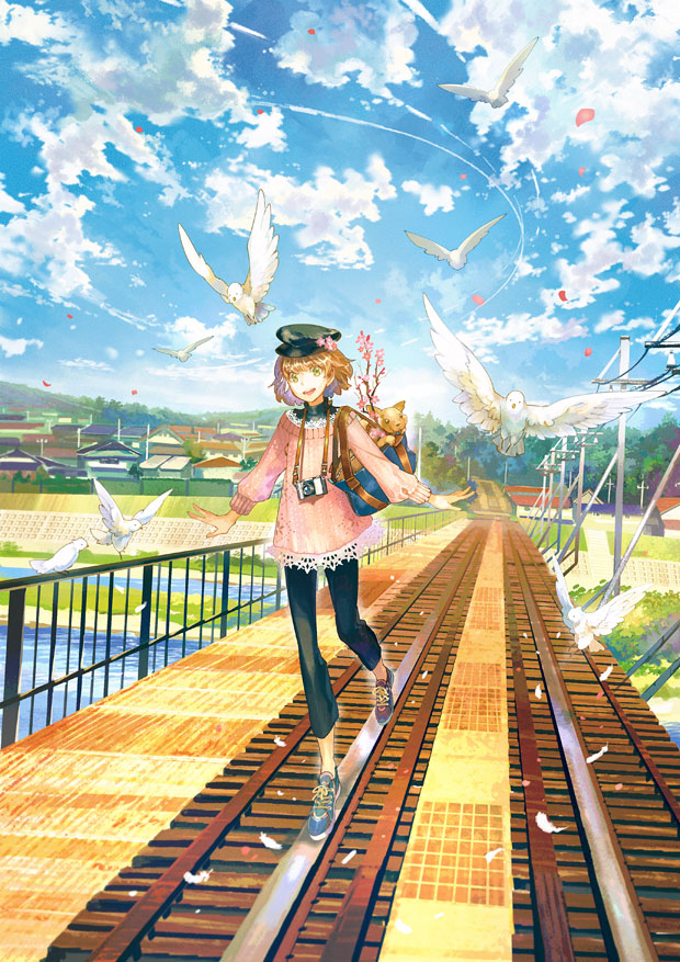 1girl animal bag bird black_pants blue_sky bridge brown_hair camera capri_pants cherry_blossoms city clouds commentary_request condensation_trail day dog dove feathers flower green_eyes hat hat_flower house long_sleeves looking_at_viewer no_socks noki_(affabile) open_mouth original outdoors pants petals pink_sweater railing railroad_tracks river shoes short_hair shoulder_bag sky smile sneakers solo sweater walking