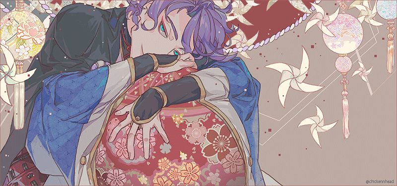 1boy agnesgd blue_eyes brown_background closed_mouth kasen_kanesada looking_at_viewer male_focus pinwheel purple_hair simple_background smile tassel touken_ranbu twitter_username upper_body wide_sleeves