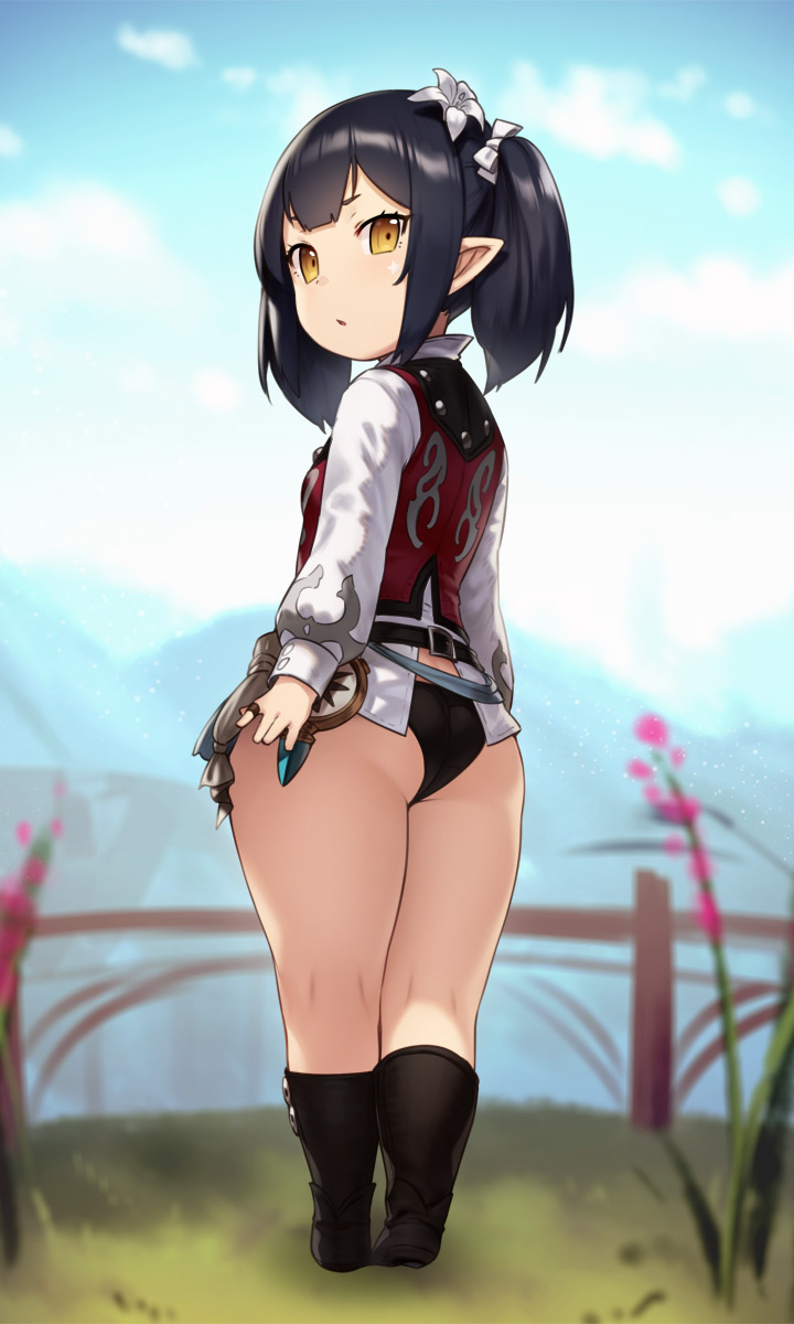 1girl ass black_footwear black_hair black_panties blurry blurry_background boots depth_of_field final_fantasy final_fantasy_xiv flower flower_request from_behind gradient gradient_background hair_flower hair_ornament hair_ribbon highres houtengeki kneepits lalafell long_sleeves looking_at_viewer looking_back medium_hair panties pointy_ears ribbon solo thick_thighs thighs twintails underwear white_background white_ribbon yellow_eyes