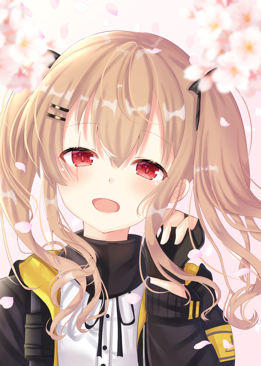 1girl arm_up black_jacket blurry blush cherry_blossoms day depth_of_field fingerless_gloves girls_frontline gloves hair_between_eyes hair_ornament hair_ribbon hairclip head_tilt highres hood hood_down hooded_jacket jacket light_brown_hair looking_at_viewer nibosisuzu open_mouth outdoors petals red_eyes ribbon scar scar_across_eye shirt solo standing tree_branch twintails ump9_(girls_frontline) upper_body white_shirt