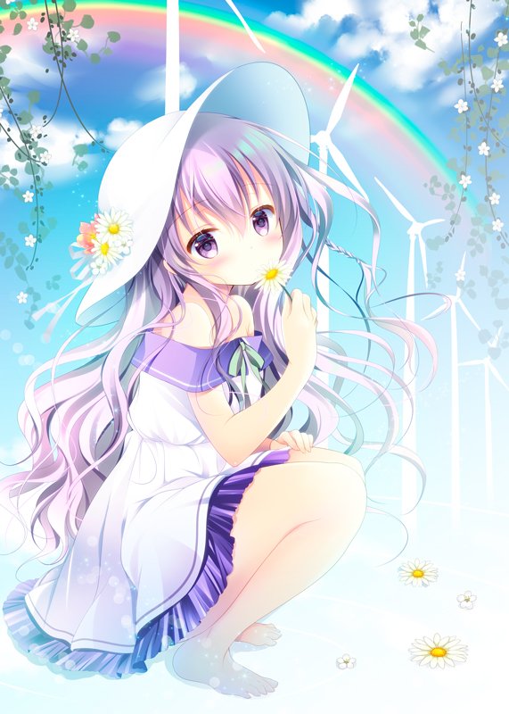 1girl bangs bare_shoulders barefoot blue_sky blush clouds commentary_request day dress eyebrows_visible_through_hair flower frilled_dress frills full_body hair_between_eyes hat hat_flower holding holding_flower long_hair off-shoulder_dress off_shoulder original outdoors purple_hair rainbow red_flower ribbon shirogane_hina sky solo squatting sun_hat very_long_hair violet_eyes white_dress white_flower white_headwear white_ribbon wind_turbine windmill