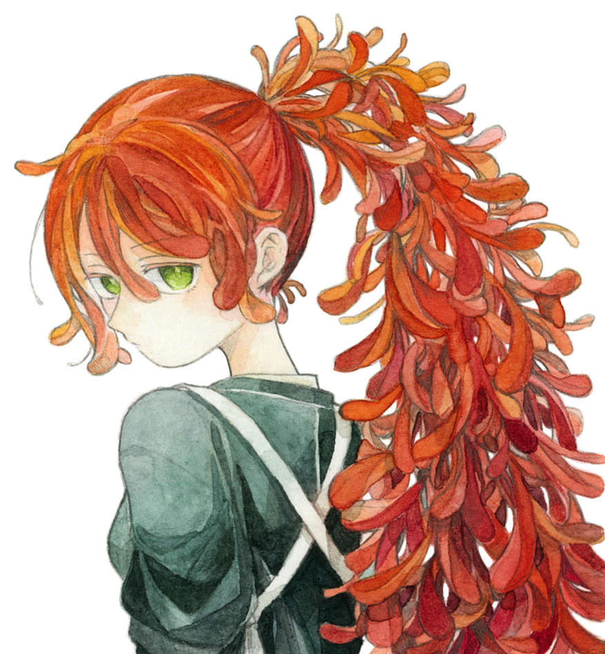 1girl eyebrows_visible_through_hair flower from_behind green_eyes hair_between_eyes kamura_gimi long_hair looking_at_viewer looking_back original personification plant_hair redhead simple_background solo spider_lily upper_body white_background