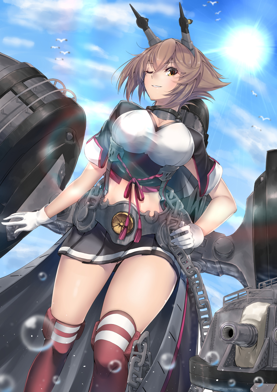 1girl bare_shoulders bird black_skirt blue_sky blurry blurry_background blush breasts brown_hair bubble cannon chains clouds day eyebrows_visible_through_hair gloves green_eyes hand_on_hip headgear highres kantai_collection kneehighs large_breasts long_hair looking_at_viewer midriff miniskirt mutsu_(kantai_collection) navel one_eye_closed outdoors parted_lips pleated_skirt remodel_(kantai_collection) rigging seagull short_hair shrug_(clothing) skirt sky sleeve_cuffs smile solo sunlight thighs turret v_r_dragon01 white_gloves