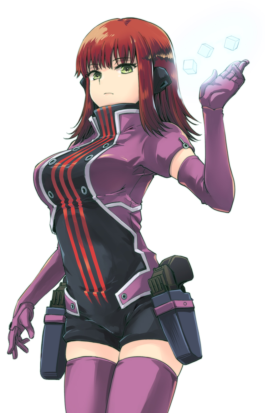 1girl arm_at_side bangs breasts cube elbow_gloves flipped_hair floating frown gloves glowing green_eyes gun hand_up handgun headphones highres holster holstered_weapon katori_youko large_breasts levitation looking_at_viewer makita_yoshiharu medium_hair purple_gloves purple_legwear redhead short_jumpsuit short_sleeves simple_background skindentation solo thigh-highs turtleneck uniform weapon white_background world_trigger