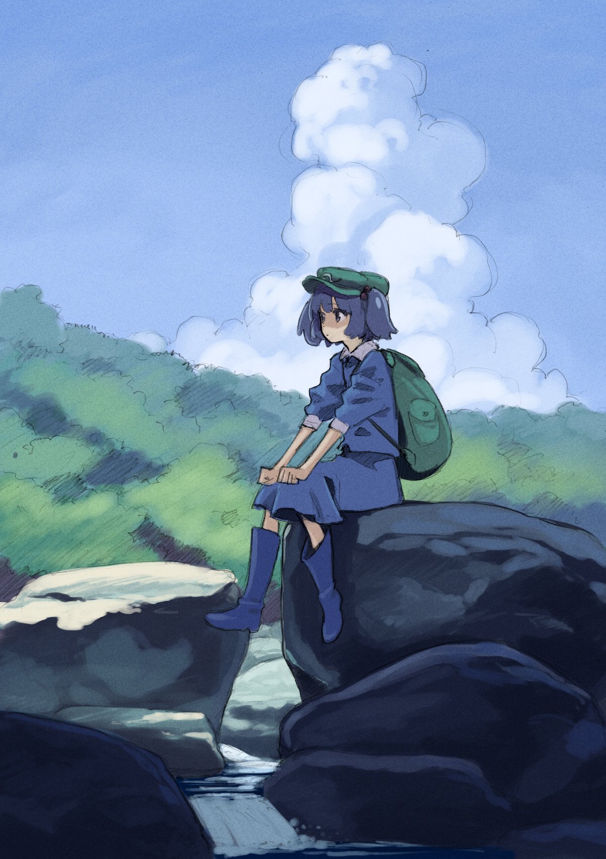 1girl backpack bag blue_eyes blue_footwear blue_hair blue_shirt blue_skirt boots clenched_hands clouds cloudy_sky day expressionless forest full_body green_headwear hair_bobbles hair_ornament hands_on_own_knees hat highres kawashiro_nitori nature outdoors rock rubber_boots shiratama_(hockey) shirt short_hair short_sleeves sitting skirt sky solo stream touhou tree twintails water