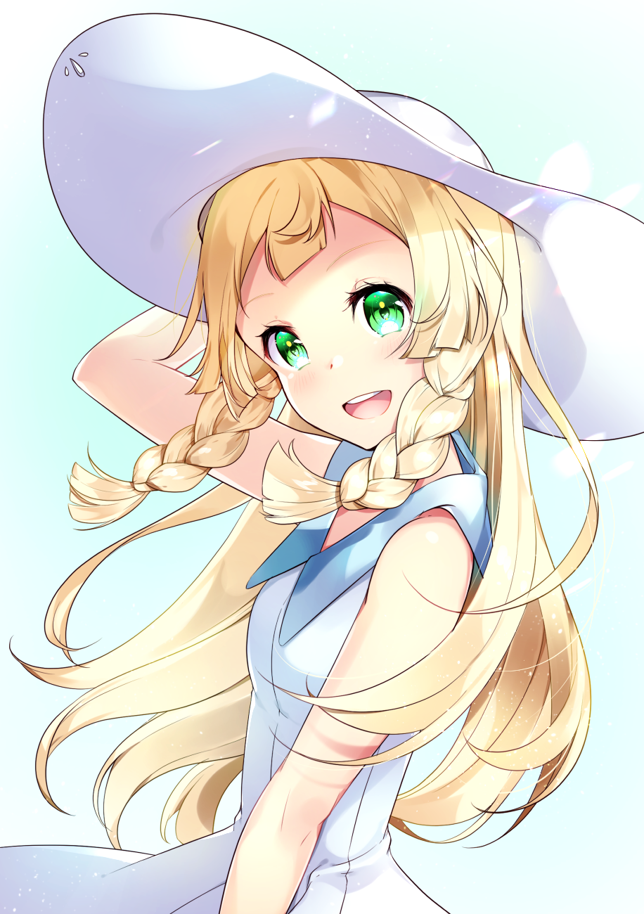 1girl :d blonde_hair bon_(bonbon315) braid commentary_request creatures_(company) dress game_freak green_eyes hat highres lillie_(pokemon) long_hair nintendo open_mouth pokemon pokemon_(game) pokemon_sm sleeveless sleeveless_dress smile solo teeth twin_braids white_dress white_headwear