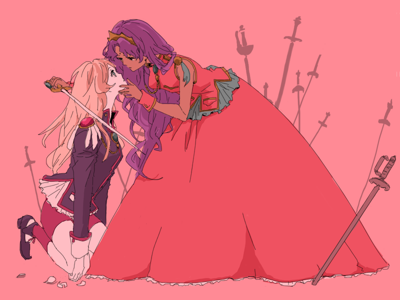 2girls bare_shoulders bent_over bindi chiruda commentary_request dark_skin dress epaulettes face-to-face hand_on_another's_face himemiya_anthy holding holding_sword holding_weapon kneeling leaning_forward long_hair long_sleeves looking_at_another multiple_girls parted_lips pink_background pink_hair pocket purple_hair rapier red_dress shoujo_kakumei_utena sleeveless sleeveless_dress sword tenjou_utena tiara very_long_hair wavy_hair weapon wrist_cuffs yuri