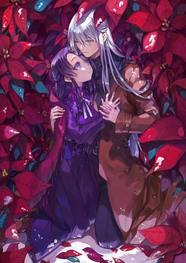 1boy 1girl blue_eyes brown_coat choker coat couple flower fuu_kotora half_updo hand_holding hand_on_another's_shoulder hetero kneeling long_hair long_skirt long_sleeves looking_at_another looking_up nail_polish original pants parted_lips poinsettia purple_hair purple_nails purple_shirt purple_skirt red_flower shawl shirt silver_hair skirt snow violet_eyes