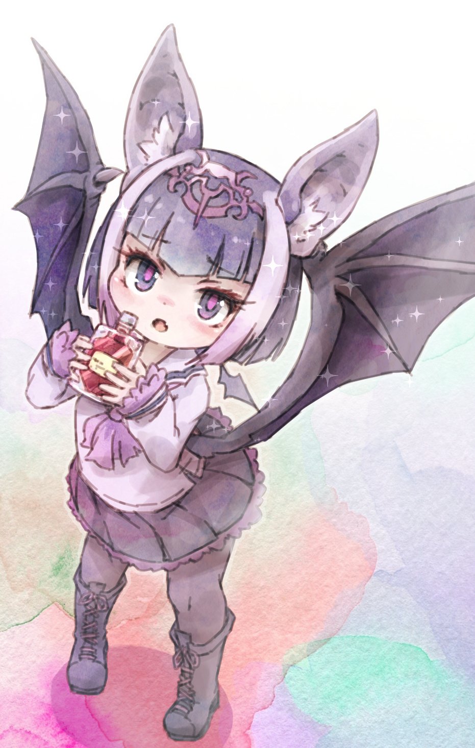 1girl animal_ears bangs bat_ears bat_wings blood blood_bag boots commentary_request common_vampire_bat_(kemono_friends) cross-laced_footwear eyebrows_visible_through_hair fangs frilled_skirt frilled_sleeves frills from_above headdress highres kemono_friends kolshica lace-up_boots long_sleeves looking_at_viewer multicolored_hair neckerchief open_mouth pantyhose pink_hair pleated_skirt sailor_collar short_hair sidelocks skirt solo violet_eyes white_hair wings
