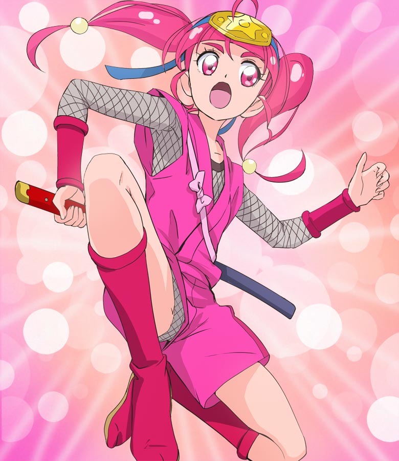 1girl ahoge forehead_protector full_body haruyama_kazunori hoshina_hikaru japanese_clothes long_hair looking_to_the_side ninja open_mouth pink_eyes pink_hair precure short_hair socks solo star_twinkle_precure thick_eyebrows twintails