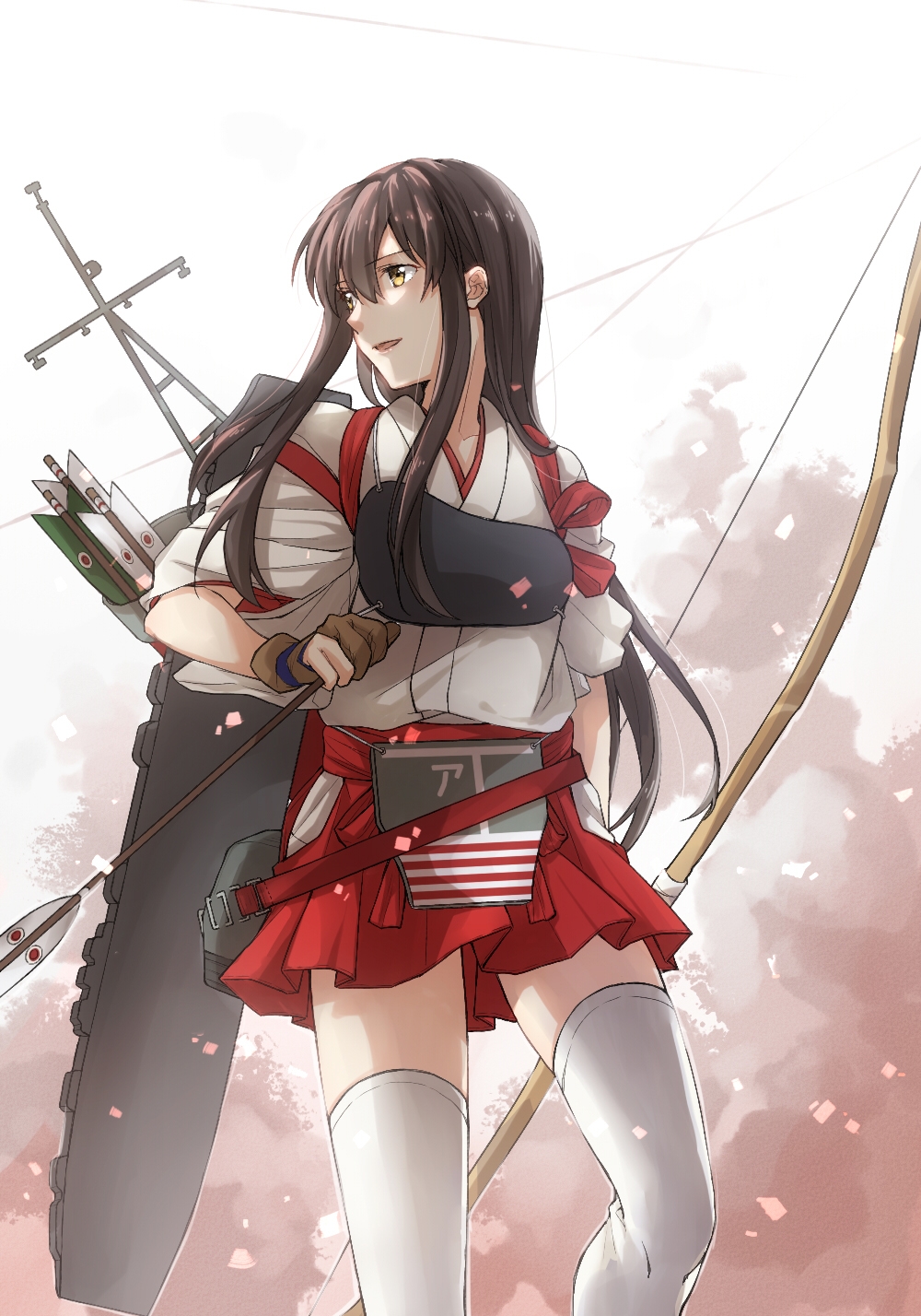 1girl :d akagi_(kantai_collection) arrow asakawa_shinka bangs bow_(weapon) brown_eyes brown_gloves brown_hair cowboy_shot eyebrows_visible_through_hair female flight_deck gloves hair_between_eyes hakama hakama_skirt highres holding holding_arrow japanese_clothes kantai_collection kimono long_hair looking_to_the_side machinery mast muneate neck open_mouth partly_fingerless_gloves quiver red_skirt short_sleeves sidelocks single_glove skirt smile solo standing straight_hair tasuki thigh-highs weapon white_kimono white_legwear yellow_eyes