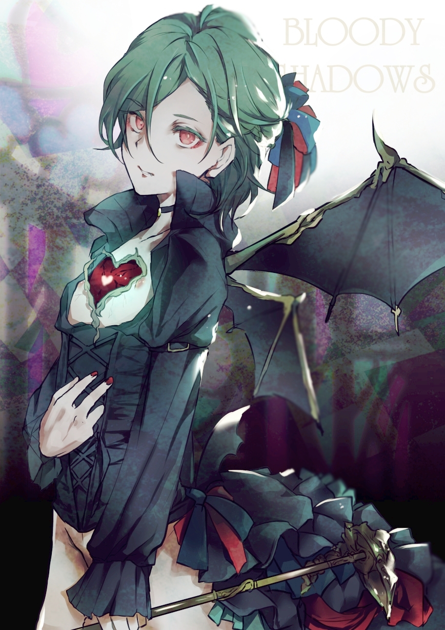 1boy alternate_costume alternate_eye_color baniito black_ribbon blue_ribbon choker collarbone commentary_request demon_wings english_text eyebrows_visible_through_hair from_side green_hair hair_ornament heart highres holding holding_staff long_hair long_sleeves looking_at_viewer male_focus mikaze_ai nail_polish red_eyes red_nails red_ribbon ribbon solo staff uta_no_prince-sama wings