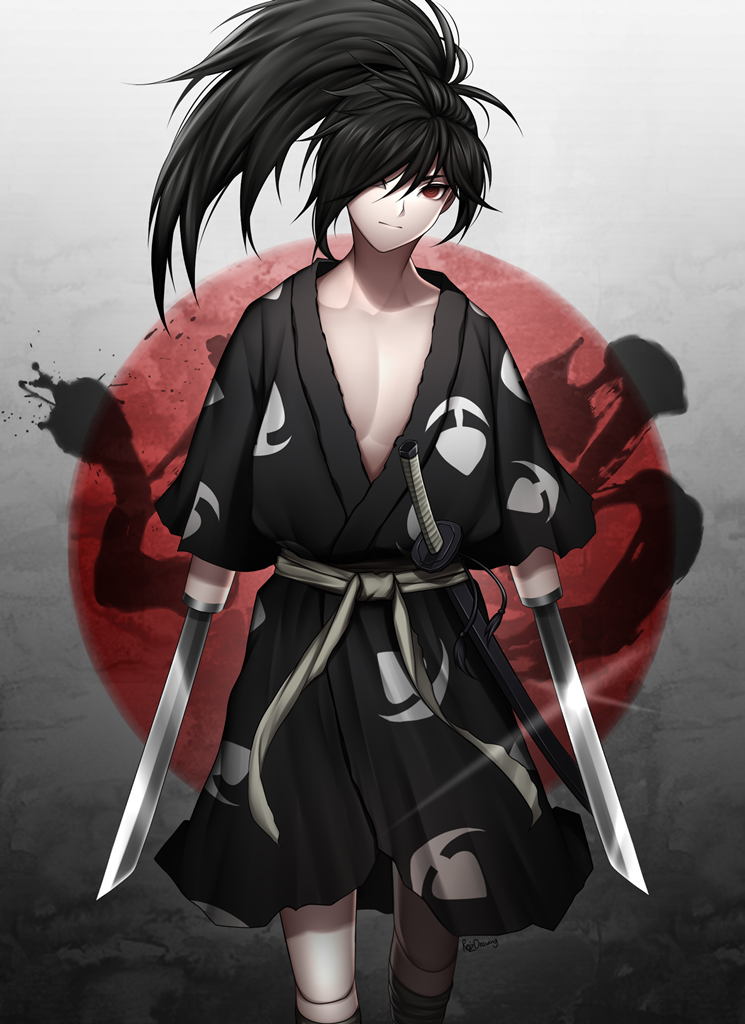 1boy artist_name black_hair collarbone commentary dororo_(tezuka) english_commentary hair_over_one_eye hyakkimaru_(dororo) japanese_clothes katana kimono long_hair looking_at_viewer male_focus ponytail prosthesis prosthetic_arm red_eyes reizdrawing samurai solo sword weapon