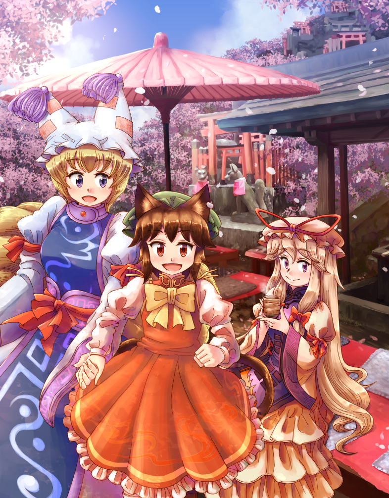 3girls alternate_color alternate_eye_color alternate_hair_color animal_ears arm_ribbon bangs beige_dress blonde_hair blush bow brown_hair cat_ears cat_tail chen cherry_blossoms commentary_request cup dress eyebrows_visible_through_hair flame_print forest fox_tail frilled_skirt frills green_headwear hair_between_eyes hair_bow hand_holding hat hat_ribbon light_brown_hair long_sleeves looking_at_another looking_at_viewer millipen_(medium) mob_cap mountain multiple_girls multiple_tails nature neck_ribbon nib_pen_(medium) open_mouth oriental_umbrella outdoors pillow_hat puffy_long_sleeves puffy_sleeves red_ribbon red_skirt red_vest reflective_eyes ribbon sash shiizako shiny shiny_hair shrine sidelocks sitting skirt skirt_set smile statue steam tabard tail teacup torii touhou traditional_media two_tails umbrella vest violet_eyes white_dress wide_sleeves yakumo_ran yakumo_yukari yellow_neckwear