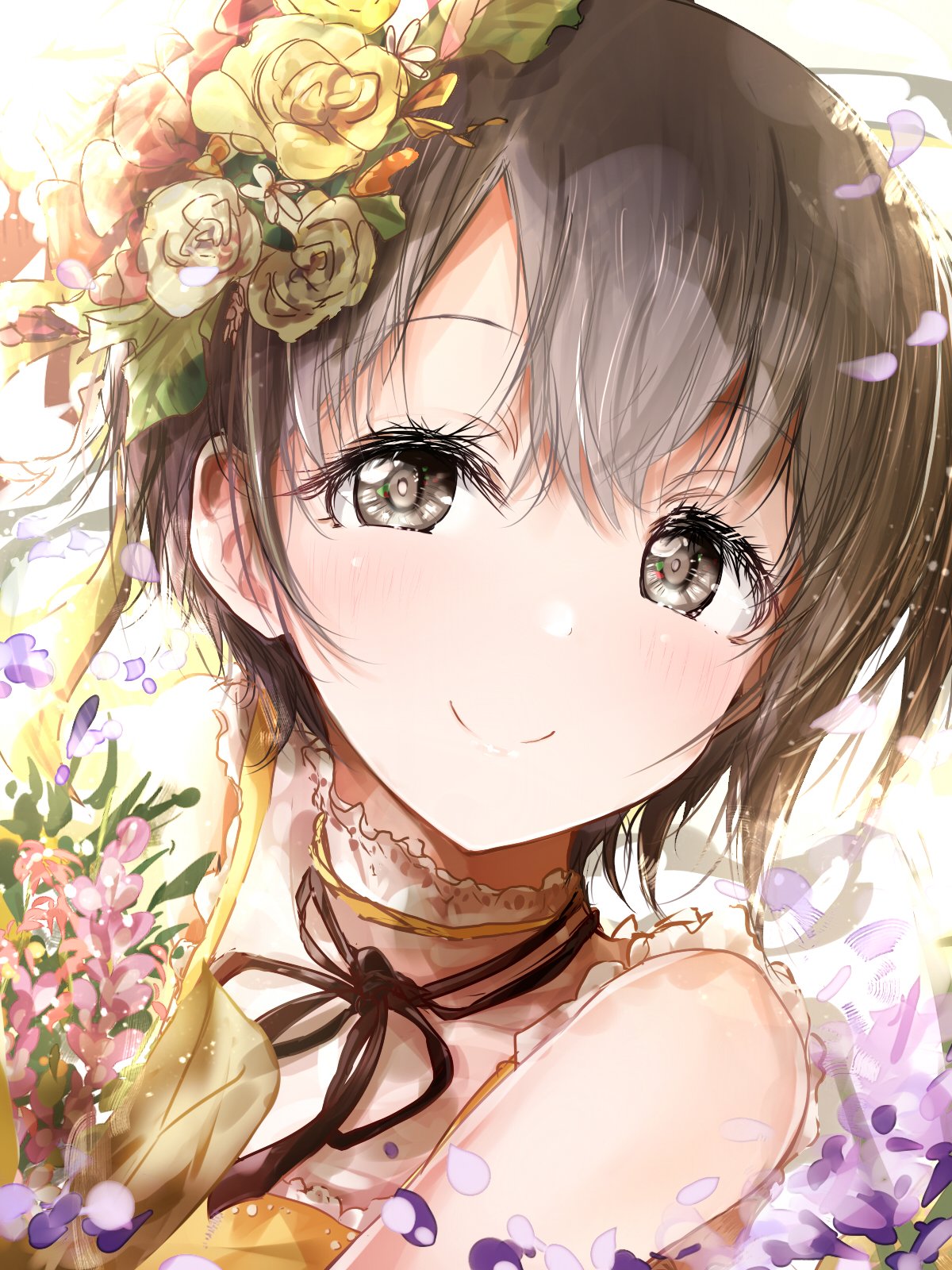 1girl black_eyes blush bouquet cherry_blossoms dress eyebrows_visible_through_hair flower grey_hair hair_flower hair_ornament highres idolmaster idolmaster_cinderella_girls looking_at_viewer necktie otokura_yuuki overexposure petals redeye_(artist) short_hair sleeveless sleeveless_dress smile solo string_tie