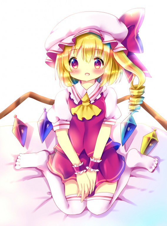 1girl :d ascot bangs bed_sheet blonde_hair blush bow chocolat_(momoiro_piano) collared_shirt commentary_request crystal eyebrows_visible_through_hair flandre_scarlet frilled_shirt_collar frills full_body hair_between_eyes hand_on_lap hat hat_bow long_hair mob_cap no_shoes one_side_up open_mouth puffy_short_sleeves puffy_sleeves red_bow red_eyes red_skirt red_vest ringlets shirt short_sleeves sitting skirt smile solo thigh-highs touhou vest wariza white_headwear white_legwear white_shirt wings wrist_cuffs yellow_neckwear