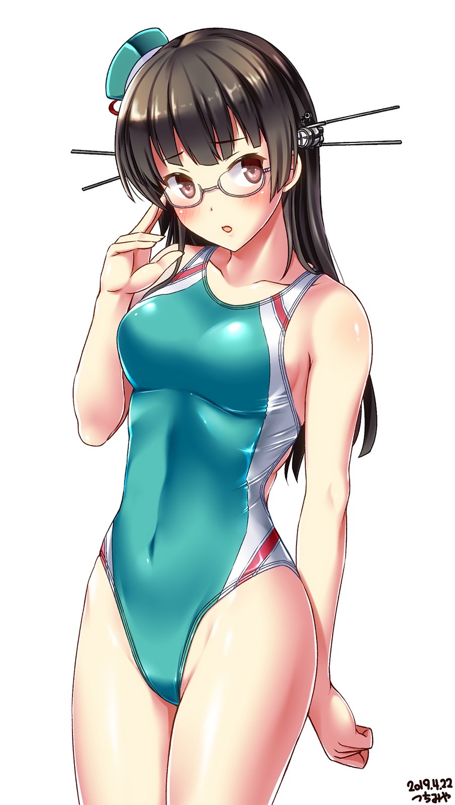 1girl alternate_costume bangs bare_shoulders beret blush breasts brown_hair choukai_(kantai_collection) collarbone commentary_request competition_swimsuit covered_navel cowboy_shot eyebrows_visible_through_hair finger_to_face glasses groin hair_between_eyes hair_ornament hat headgear highleg highleg_swimsuit highres kantai_collection long_hair looking_at_viewer medium_breasts mini_hat one-piece_swimsuit open_mouth red_eyes simple_background solo standing swimsuit tsuchimiya white_background