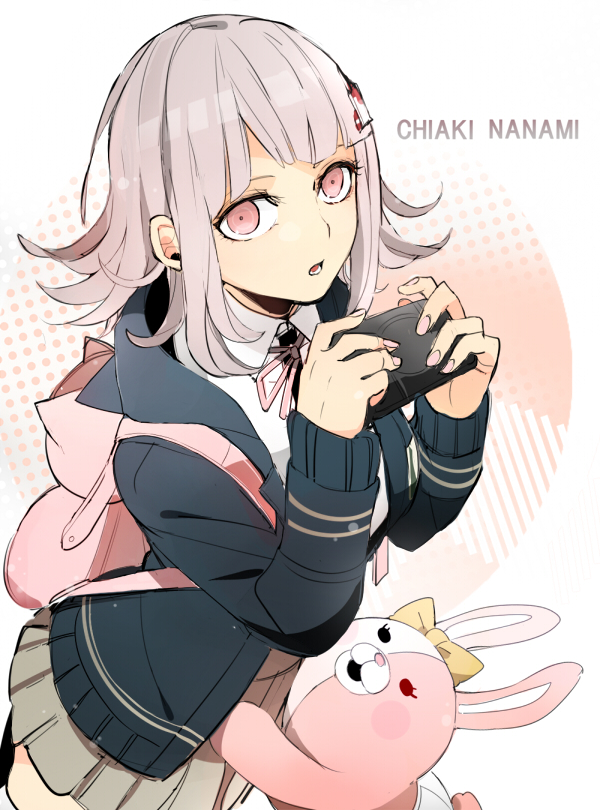 1girl al_(arupaka) animal_ears backpack bag beige_skirt cat_bag character_name commentary_request dangan_ronpa flipped_hair hair_ornament hairclip handheld_game_console holding hood hoodie jacket long_sleeves looking_at_viewer monomi_(dangan_ronpa) nanami_chiaki pink_eyes pink_hair pink_ribbon ribbon shirt short_hair skirt super_dangan_ronpa_2 white_shirt