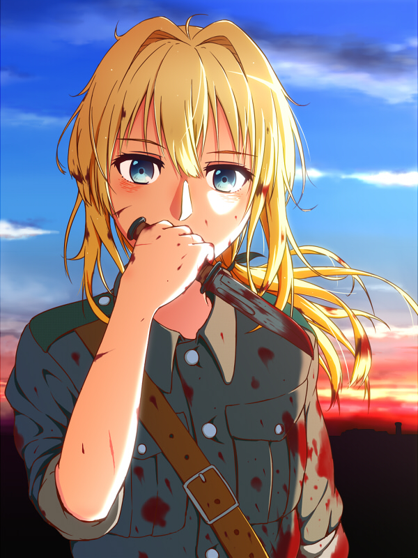 1girl blonde_hair blood bloody_clothes bloody_hair bloody_weapon blue_eyes blue_sky clouds day floating_hair grey_jacket hair_between_eyes holding holding_knife jacket knife long_hair looking_at_viewer military_jacket neko_no_sora outdoors sky sleeves_rolled_up solo upper_body violet_evergarden violet_evergarden_(character) weapon