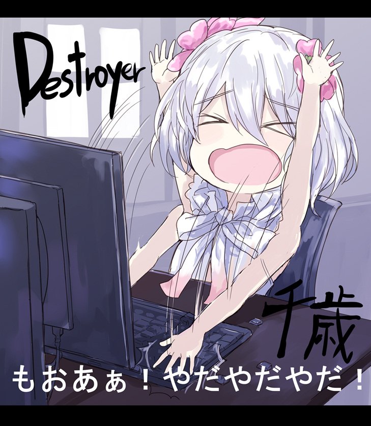 &gt;_&lt; 1girl bangs bare_shoulders blush chibi commentary eyebrows_visible_through_hair flower hair_between_eyes hair_flower hair_ornament indoors keyboard_(computer) kudou_chitose monitor motion_lines nijisanji open_mouth ribbon shibano_kaito short_hair sitting sleeveless solo virtual_youtuber wavy_hair white_hair white_ribbon window