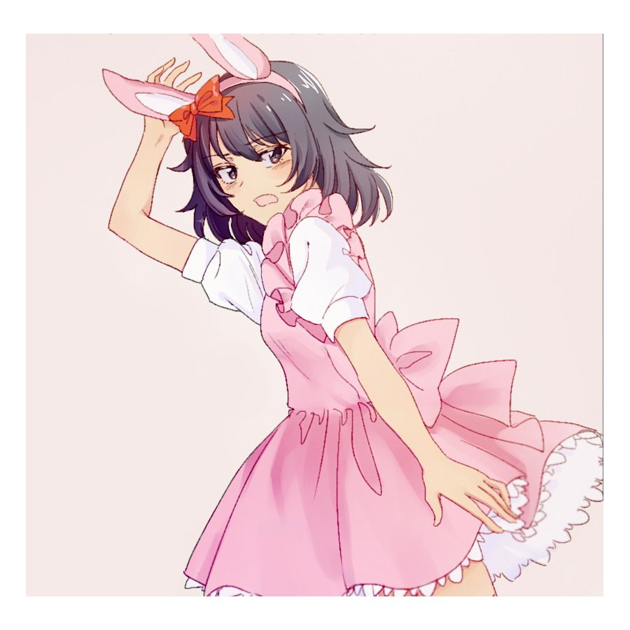 1girl andou_(girls_und_panzer) animal_ears april_tada bangs beige_background black_hair bow brown_eyes collared_shirt comic dark_skin dress easter embarrassed eyebrows_visible_through_hair fake_animal_ears frilled_dress frills from_side frown girls_und_panzer hair_bow hand_on_head lace lace-trimmed_dress large_bow leaning_forward medium_hair messy_hair open_mouth pink_dress puffy_short_sleeves puffy_sleeves rabbit_ears red_bow shirt short_dress short_sleeves silent_comic simple_background solo standing white_shirt