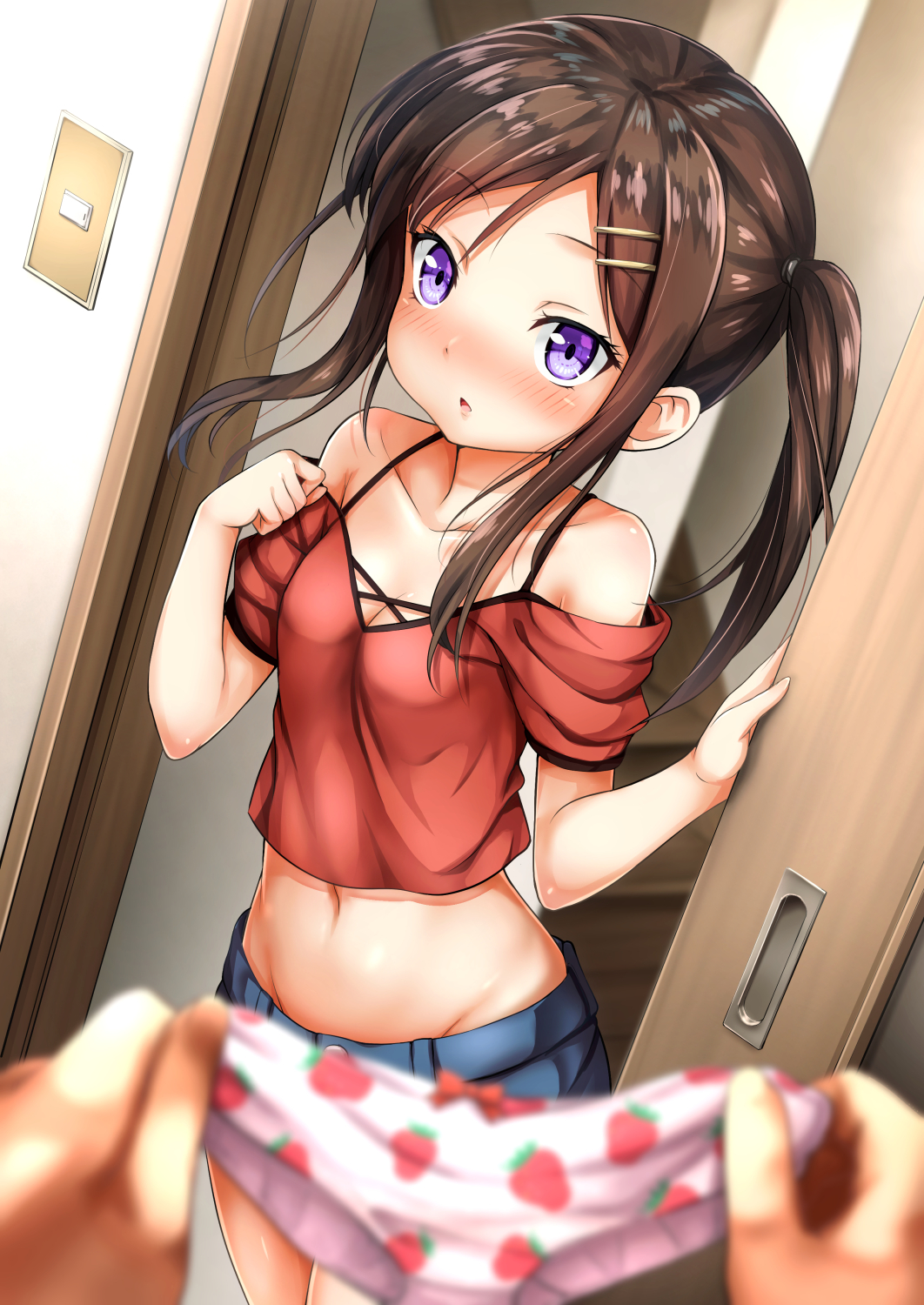 1girl bangs bare_shoulders blue_shorts blurry blurry_background blush bow bow_panties breasts brown_hair cleavage commentary_request depth_of_field dutch_angle eyebrows_visible_through_hair fingernails food_print groin hair_ornament hairclip hands_up highres holding holding_panties indoors itakurakou1993 long_hair looking_at_viewer midriff navel nose_blush off-shoulder_shirt off_shoulder original out_of_frame panties panties_removed parted_lips pov pov_hands print_panties red_shirt shirt short_shorts short_sleeves shorts sidelocks small_breasts solo_focus strawberry_panties strawberry_print twintails underwear violet_eyes white_panties