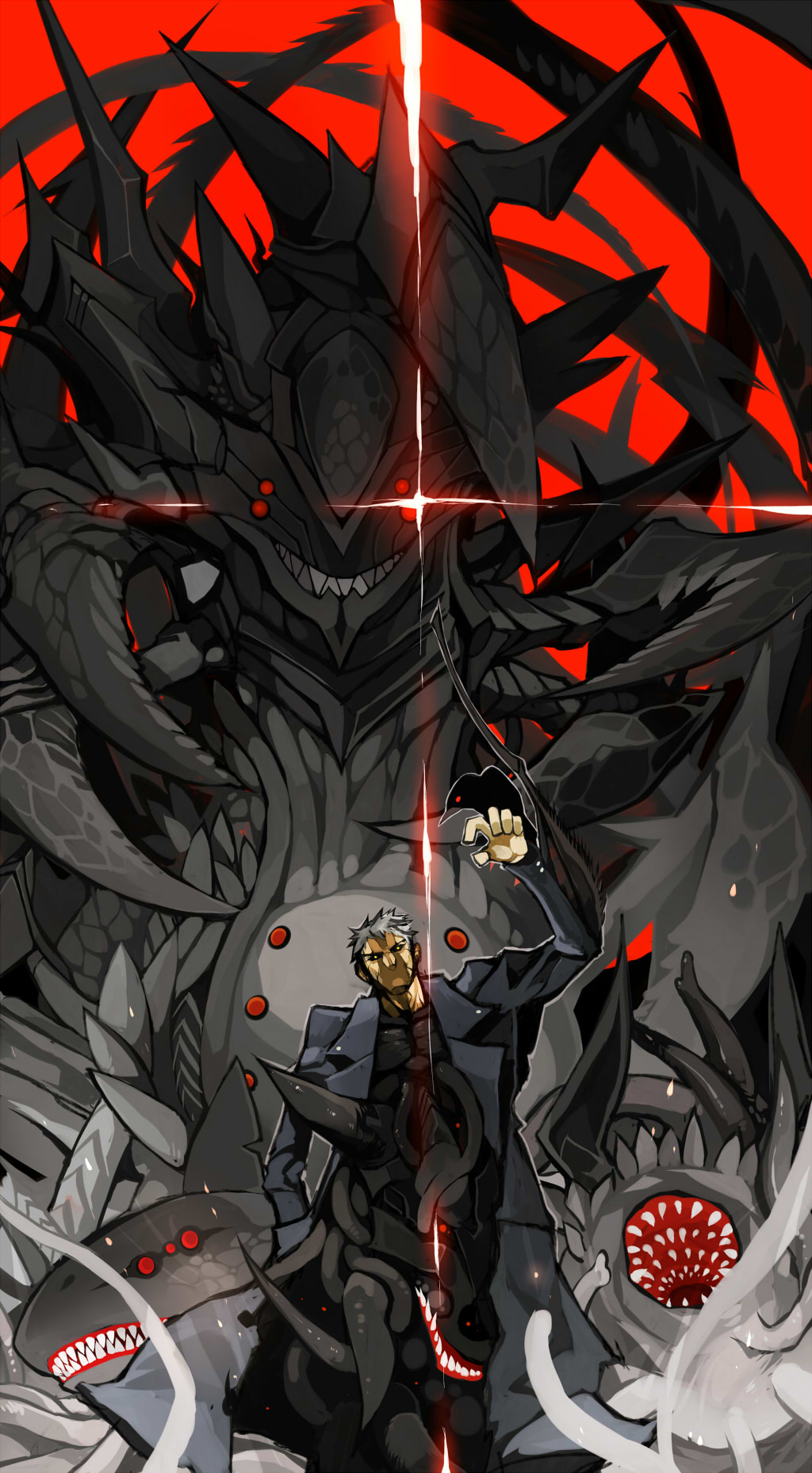 1boy bird black_coat closed_mouth coat extra_eyes extra_teeth glowing glowing_eyes grey_hair highres lamian_(pixiv415608) lens_flare melty_blood monster open_mouth red_background red_eyes shark shark_fin simple_background smile standing tentacle tight tsukihime type-moon white_eyes