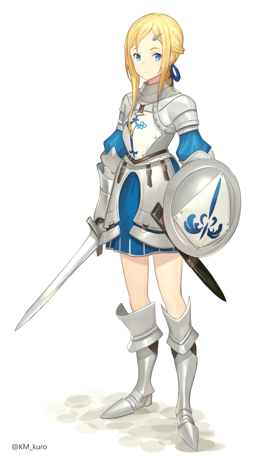 1girl armor armored_boots armored_dress blonde_hair blue_dress blue_eyes blue_ribbon boots braid buckle closed_mouth commentary_request dress full_body gauntlets hair_ornament hair_ribbon hairclip highres holding holding_shield holding_sword holding_weapon keemu_(occhoko-cho) knee_boots light_smile looking_at_viewer original ribbon sheath shield sidelocks simple_background single_braid solo standing sword twitter_username unsheathed weapon white_background
