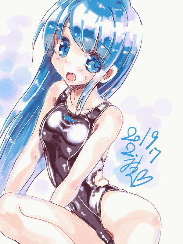 1girl bangs black_swimsuit blue_eyes blue_hair collarbone commentary_request competition_swimsuit cowboy_shot dated highleg highleg_swimsuit kantai_collection long_hair looking_at_viewer miuku_(marine_sapphire) one-piece_swimsuit open_mouth samidare_(kantai_collection) signature sitting solo swept_bangs swimsuit translation_request very_long_hair yokozuwari