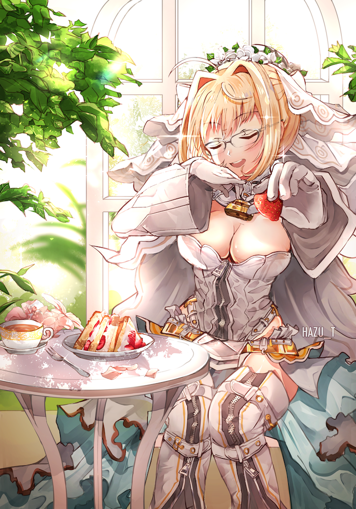 1girl :d ahoge bangs blonde_hair breasts bridal_veil cake cleavage closed_eyes cup eyebrows_visible_through_hair facing_viewer fate/grand_order fate_(series) flower food fruit full-length_zipper glasses gloves hair_between_eyes hair_intakes hazu_t head_wreath lock long_sleeves medium_breasts nero_claudius_(bride)_(fate) nero_claudius_(fate)_(all) open_mouth outstretched_arm padlock plate showgirl_skirt smile solo sparkle strawberry table tea teacup veil white_gloves wide_sleeves zipper zipper_pull_tab