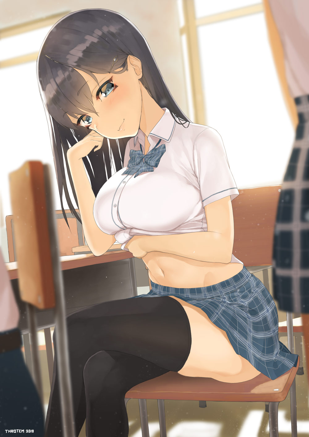 1girl artist_name bangs black_hair black_legwear blue_eyes blurry blurry_background blurry_foreground bow bowtie breasts chair classroom closed_mouth collared_shirt dated desk eyebrows_visible_through_hair hair_ornament hairpin hand_up highres legs_crossed lifted_by_self long_hair medium_breasts midriff navel on_chair original plaid plaid_neckwear plaid_skirt school_chair school_desk school_uniform shirt shirt_lift short_sleeves sitting skirt solo_focus straight_hair thigh-highs throtem uniform white_shirt window zettai_ryouiki