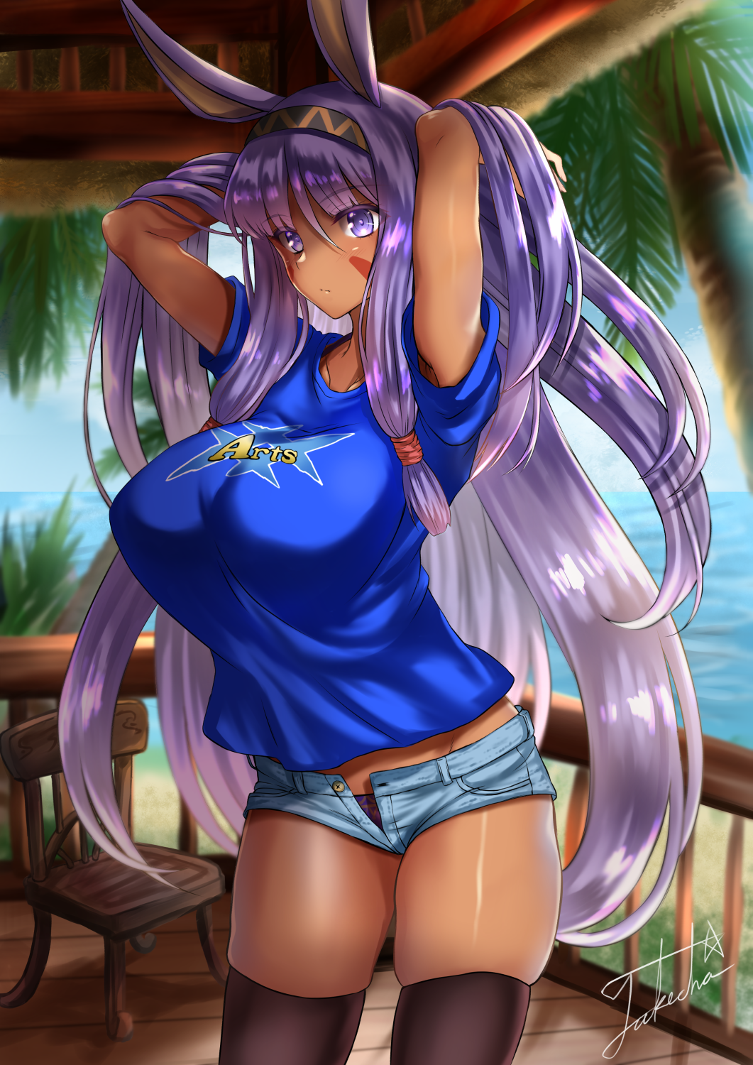 1girl alternate_costume animal_ears armpit_peek arms_up bangs beach black_legwear black_panties blue_shirt breasts closed_mouth collarbone cowboy_shot dark_skin day egyptian eyebrows_visible_through_hair facepaint facial_mark fate/grand_order fate_(series) hairband highres jackal_ears large_breasts long_hair looking_at_viewer nitocris_(fate/grand_order) open_fly outdoors panties purple_hair shirt short_shorts short_sleeves shorts sidelocks skindentation solo t-shirt takecha thigh-highs underwear very_long_hair violet_eyes