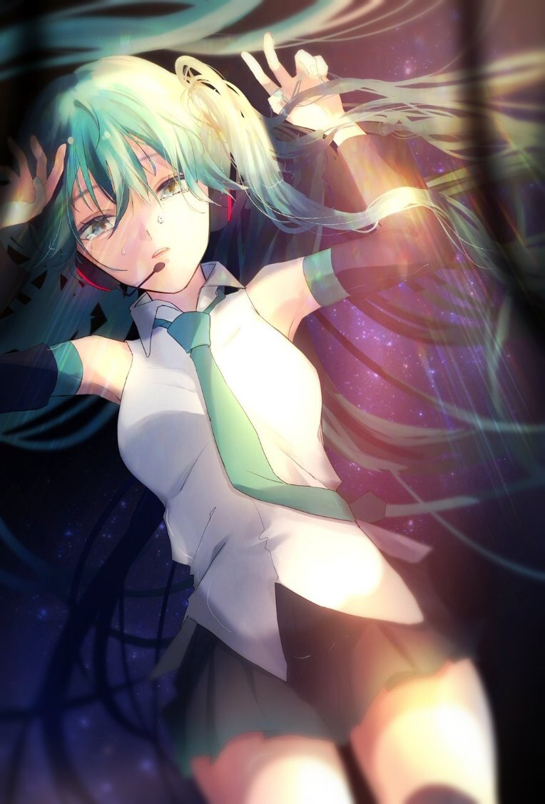 1girl aqua_hair black_skirt black_sleeves collared_shirt cowboy_shot detached_sleeves floating_hair from_above green_eyes green_neckwear hair_between_eyes hatsune_miku headset long_hair long_sleeves looking_at_viewer lying microphone miniskirt necktie on_back open_mouth pleated_skirt shirt skirt sleeveless sleeveless_shirt solo sunlight sweatdrop un_known9999 very_long_hair vocaloid white_shirt wing_collar