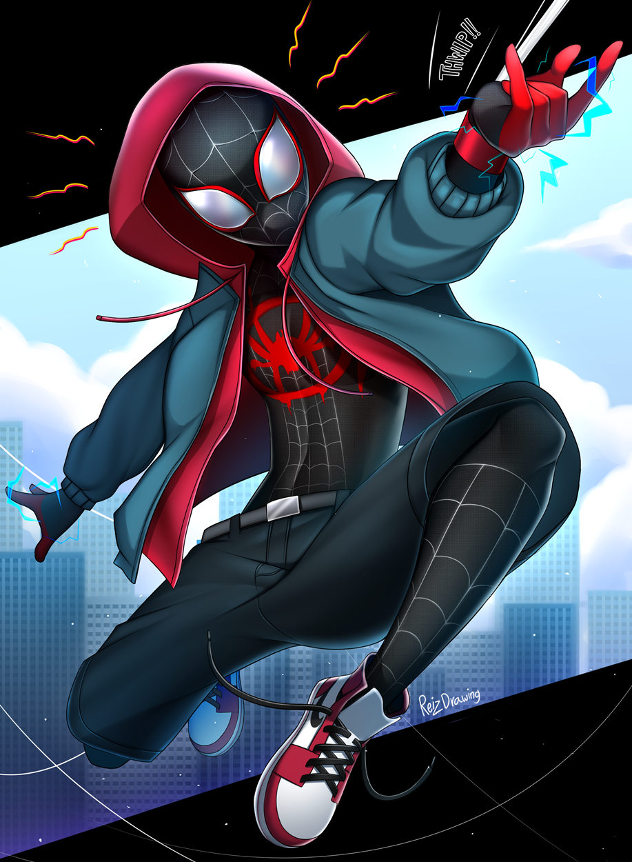 1boy artist_name belt black_belt black_legwear blue_jacket bodysuit commentary english_commentary highres hood hood_up hooded_jacket jacket mask miles_morales pants red_hoodie reizdrawing shoes silk sneakers spider-man spider-man:_into_the_spider-verse spider-man_(series) spider_web spider_web_print superhero