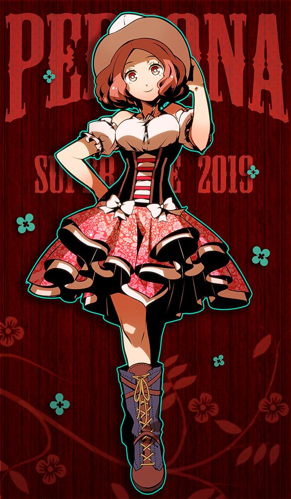 1girl alternate_costume bangs boots breasts brown_eyes brown_hair commentary_request copyright_name corset cowboy_boots cowboy_hat cross-laced_footwear detached_sleeves full_body hand_on_headwear hand_on_hip hat knee_boots lace-up_boots looking_at_viewer medium_breasts okumura_haru padda_b24 parted_bangs persona persona_5 persona_super_live puffy_short_sleeves puffy_sleeves short_hair short_sleeves solo western