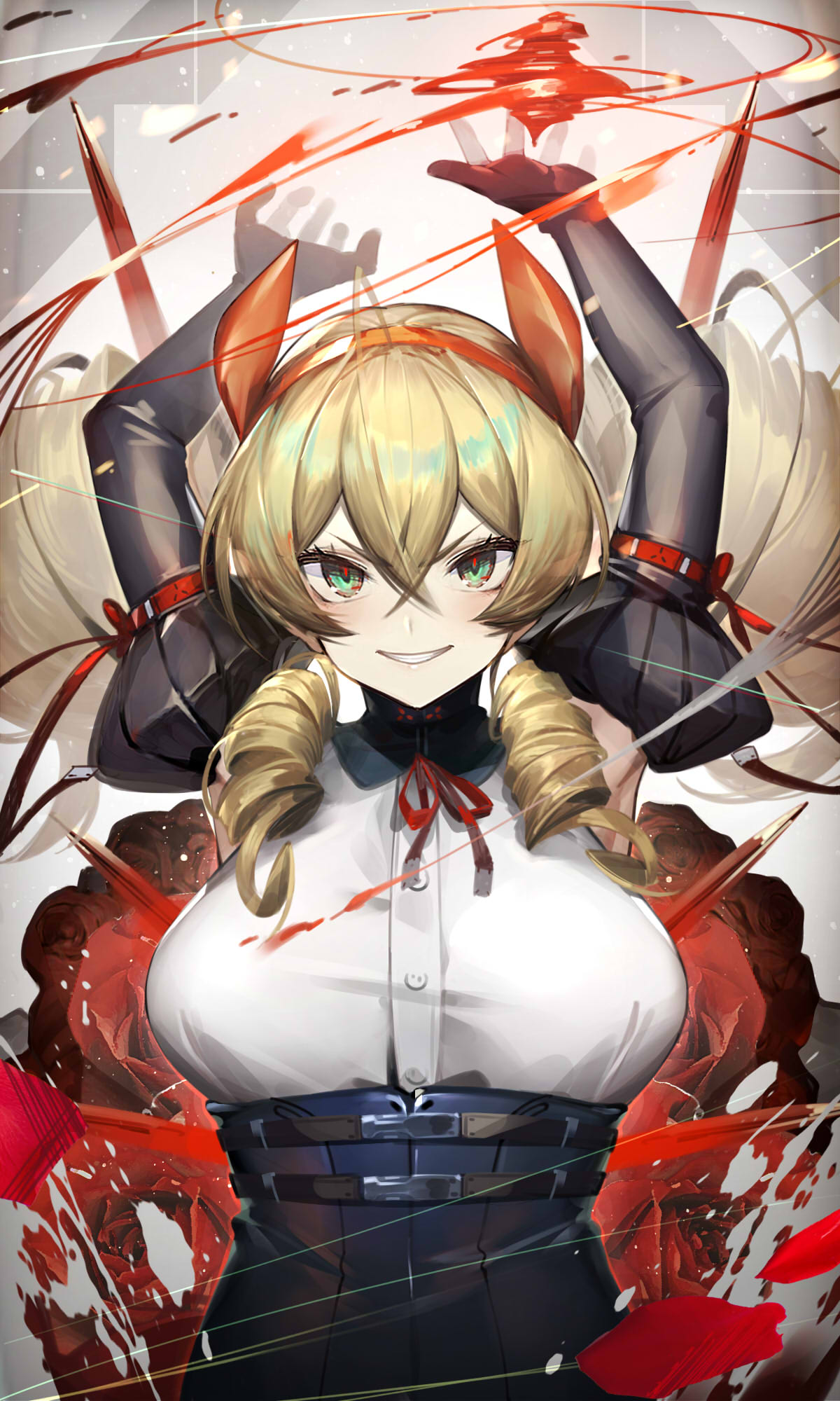 1girl arm_strap arms_up bangs blonde_hair blush breasts buttons charging corset crossed_bangs drill_hair elbow_gloves fire gloves green_eyes grin hair_between_eyes hairband headgear highres izuru_(timbermetal) large_breasts long_hair looking_at_viewer neck_ribbon original red_ribbon ribbon shirt sidelocks sleevless_shirt smile solo twin_drills white_shirt