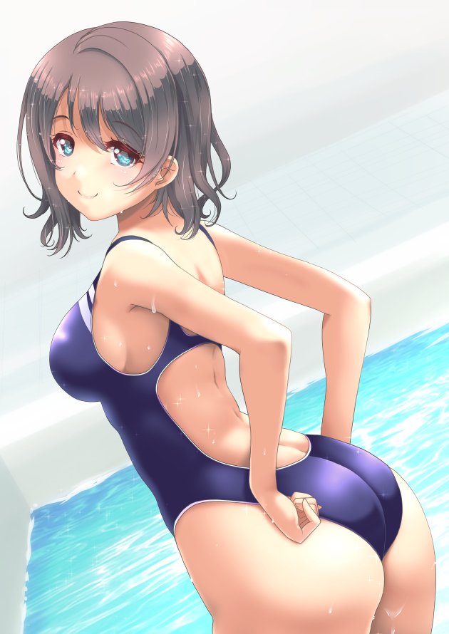 1girl adjusting_clothes adjusting_swimsuit ass blue_eyes blue_swimsuit competition_swimsuit cowboy_shot dutch_angle frapowa grey_hair indoors looking_at_viewer love_live! love_live!_sunshine!! one-piece_swimsuit pool short_hair smile solo swimsuit watanabe_you wet wet_clothes wet_swimsuit