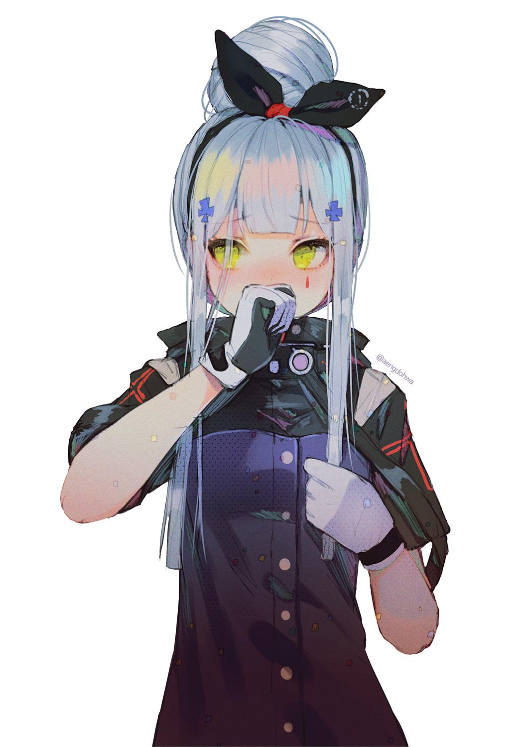 black_gloves black_jacket black_ribbon blue_jacket blush bow clenched_hand commentary_request covering_mouth cowboy_shot embarrassed facial_tattoo flower girls_frontline gloves green_eyes hair_bow hair_flower hair_ornament hair_ribbon hairpin hanato_(seonoaiko) highres hk416_(girls_frontline) holding holding_hair jacket long_hair looking_away multicolored multicolored_clothes multicolored_gloves multicolored_jacket ribbon silver_hair tattoo teardrop white_gloves