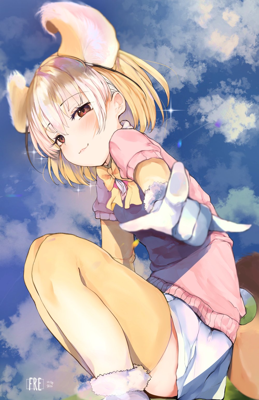 1girl :3 animal_ears blonde_hair blush bow bowtie commentary dnsdltkfkd elbow_gloves eyebrows_visible_through_hair fennec_(kemono_friends) fox_ears fox_tail fur_trim gloves highres looking_at_viewer multicolored_hair pleated_skirt pointing pointing_at_viewer red_eyes short_hair short_sleeves skirt solo sparkle squatting sweater tail thigh-highs white_hair zettai_ryouiki