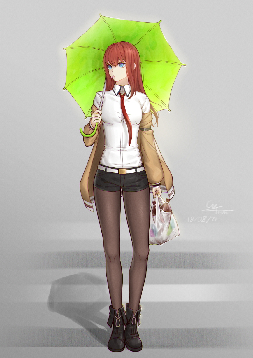 1girl bag bangs belt black_footwear black_legwear black_shorts blue_eyes boots brown_hair brown_jacket candy clothes_down collared_shirt dated dress_shirt floating_hair food full_body green_umbrella grey_background highres holding holding_bag holding_umbrella jacket lollipop long_hair looking_to_the_side makise_kurisu necktie open_clothes open_jacket pantyhose plastic_bag red_neckwear shadow shirt short_shorts shorts signature solo standing steins;gate ten_cws umbrella white_shirt wing_collar