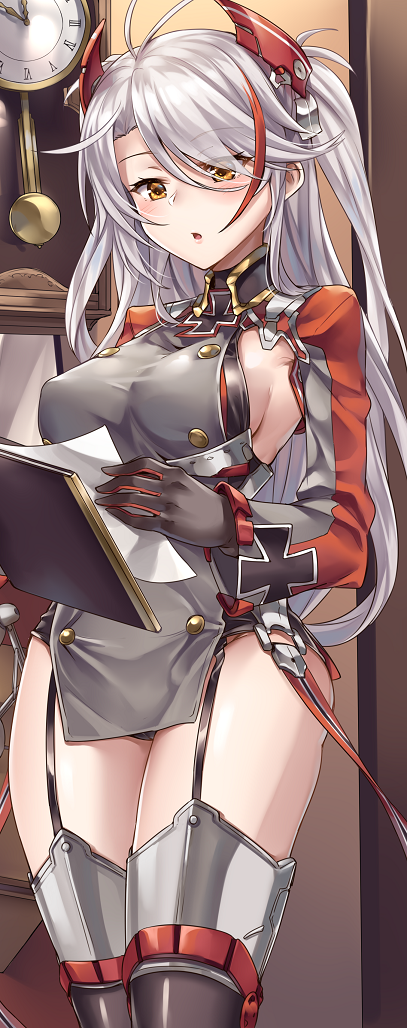 1girl armpit_cutout azur_lane bangs black_leotard blush breasts brown_eyes clipboard eyebrows_visible_through_hair garter_straps gloves hair_between_eyes holding holding_clipboard iron_cross ks large_breasts leotard long_hair multicolored_hair open_mouth pelvic_curtain prinz_eugen_(azur_lane) redhead silver_hair solo streaked_hair taut_clothes two_side_up very_long_hair