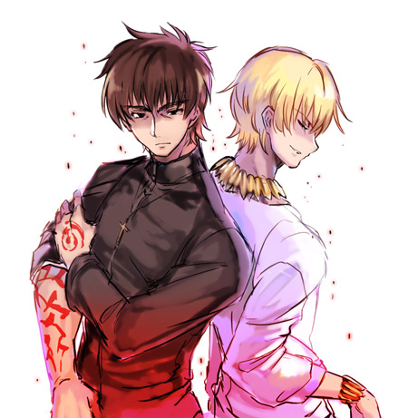 2boys back-to-back black_shirt blonde_hair bracelet brown_eyes brown_hair closed_eyes fate/stay_night fate_(series) gilgamesh jewelry kotomine_kirei long_sleeves lowres male_focus multiple_boys necklace parted_lips shida_(xwheel) shirt simple_background sleeves_rolled_up white_background white_shirt